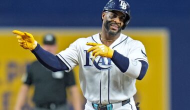 Tampa Bay Rays' Yandy Díaz reacts after hitting a double off Baltimore Orioles pitcher Trevor Rogers during the first inning of a baseball game Monday, May 18, 2026, in St. Petersburg, Fla. (AP Photo/Chris O'Meara)