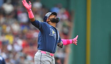 Tampa Bay Rays' Junior Caminero celebrates after his home run as he arrives at home plate in the first inning of a baseball game against the Boston Red Sox, Sunday, May 10, 2026, in Boston. (AP Photo/Steven Senne)