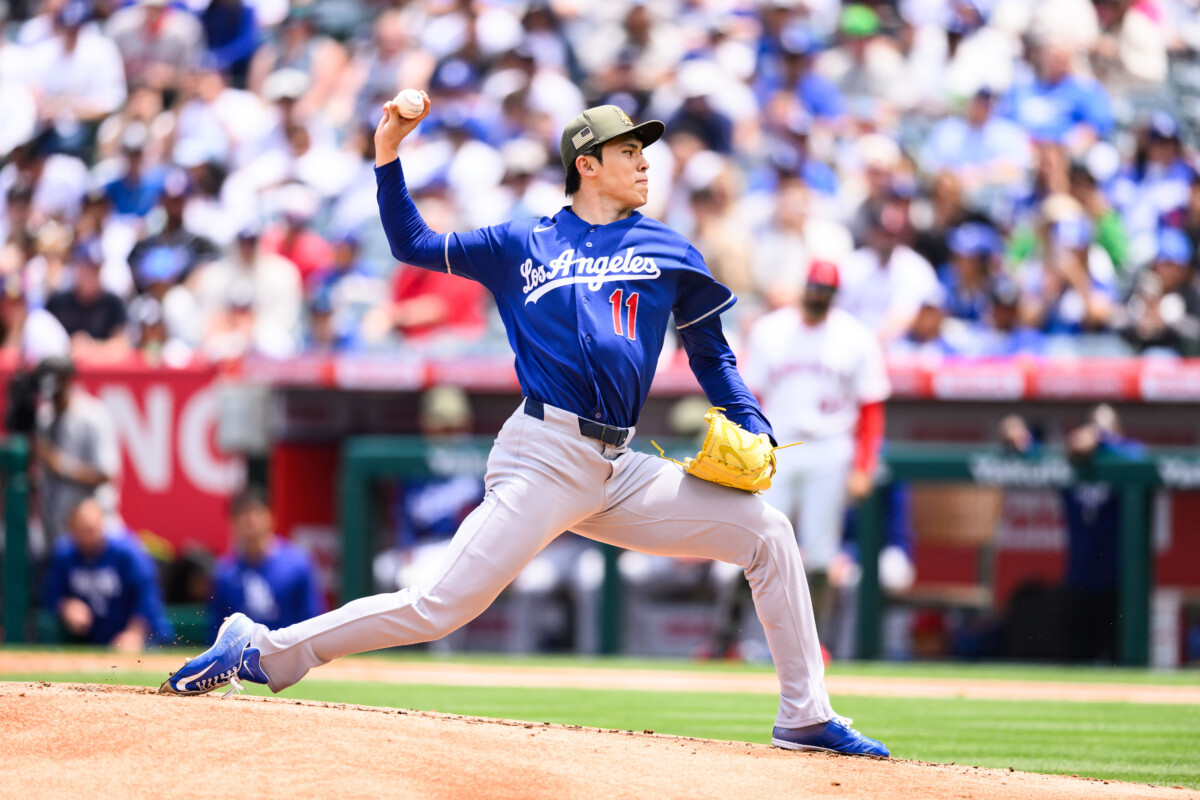 May 17, 2026; Anaheim, California, USA; Los Angeles Dodgers pitcher Roki Sasaki (11) delivers during the first inning against the Los Angeles Angels at Angel Stadium. Mandatory Credit: William Liang-Imagn Images
