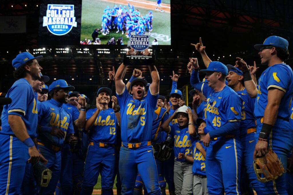 Mar 1, 2026; Arlington, TX, USA; UCLA Bruins against Mississippi State Bulldogs during the Amegy Bank College Baseball Series at Globe Life Field. Mandatory Credit: Dustin Safranek-Imagn Images