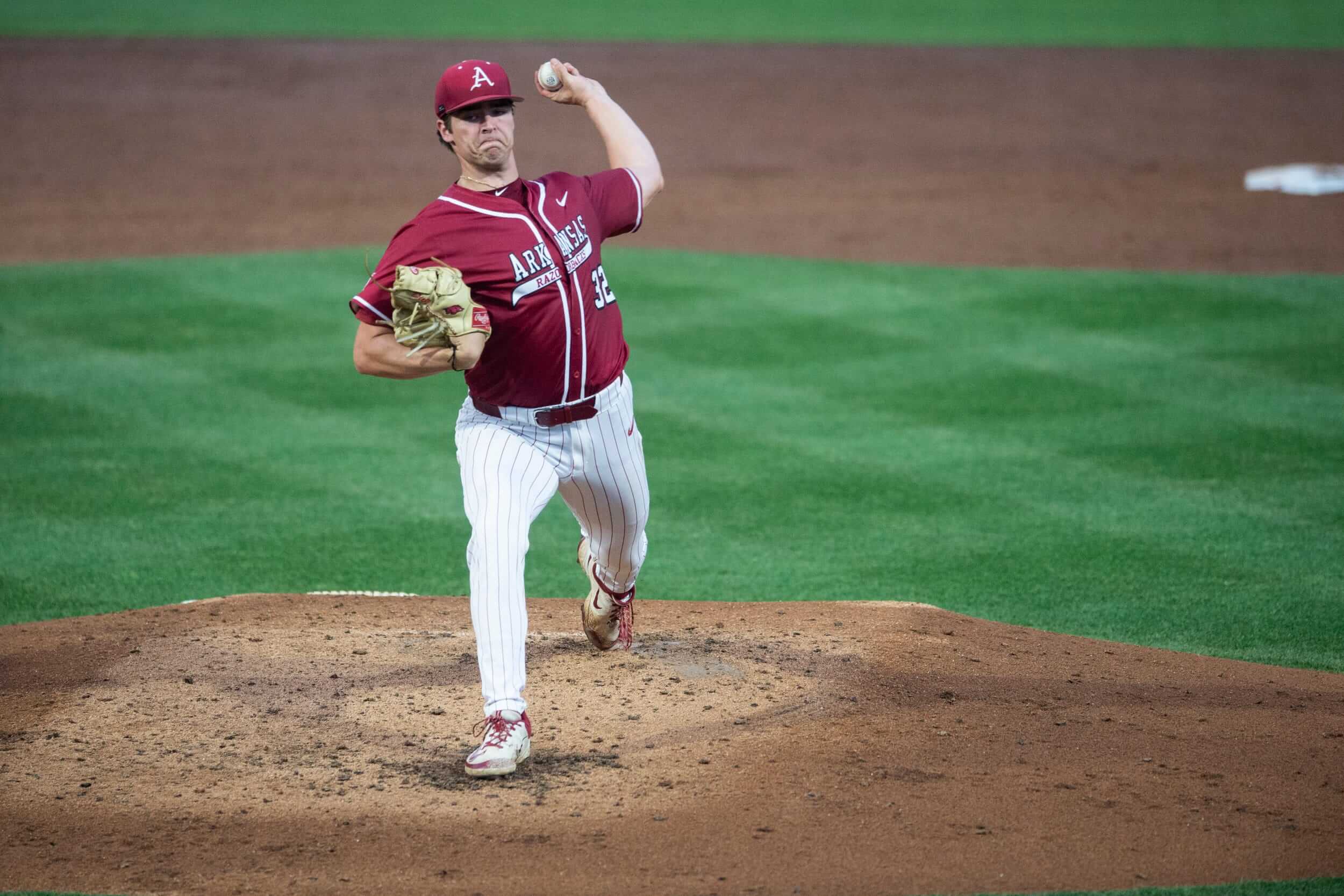 Arkansas Razorbacks' Hunter Dietz (32) pitches the ball as Auburn Tigers take on Arkansas Razorbacks at Plainsman Park in Auburn, Ala. on Friday, April 3, 2026. 