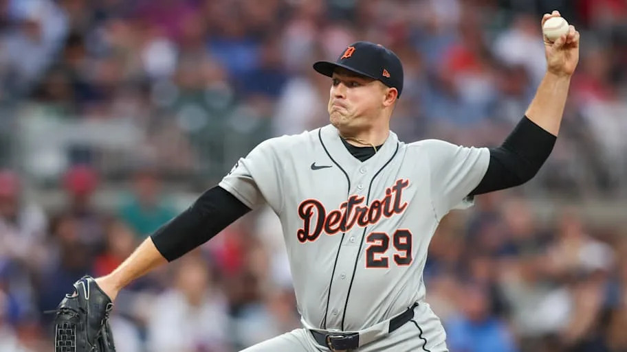 Detroit Tigers starting pitcher Tarik Skubal in road grey unifor