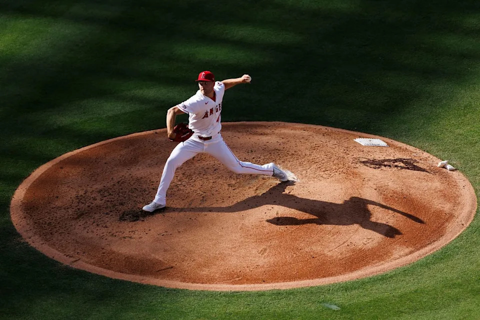 Reid Detmers #48 of the Los Angeles Angels pitches during the game against the Texas Rangers at Angel Stadium of Anaheim on May 24, 2026 in Anaheim, California.