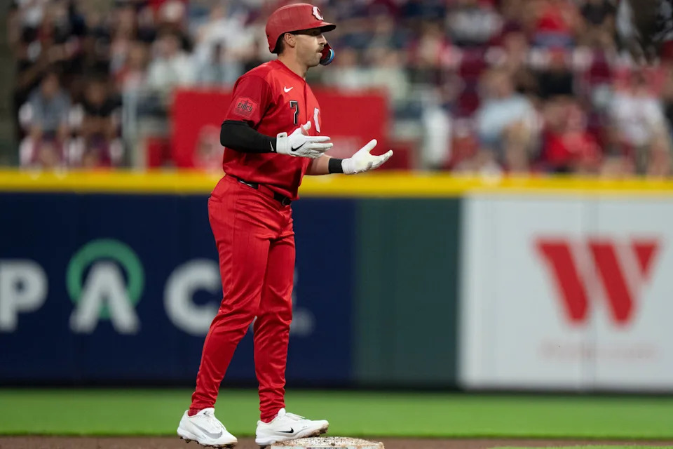 The Cincinnati Reds are giving away a Spencer Steer baseball card bobblehead before Saturday's game against the Atlanta Braves.
