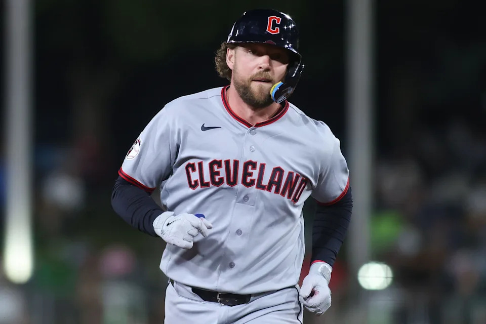 May 1, 2026; West Sacramento, California, USA; Cleveland Guardians designated hitter Rhys Hoskins (8) jogs around the bases after hitting a solo home run during the seventh inning against the Athletics.