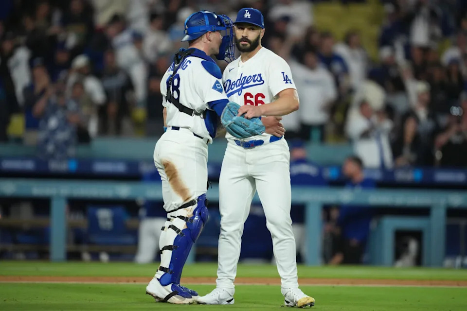 May 14, 2026; Los Angeles, California, USA; Los Angeles Dodgers catcher Dalton Rushing (68) and pitcher Tanner Scott (66) celebrate after defeating the San Francisco Giants at Dodger Stadium. Mandatory Credit: Kirby Lee-Imagn Images