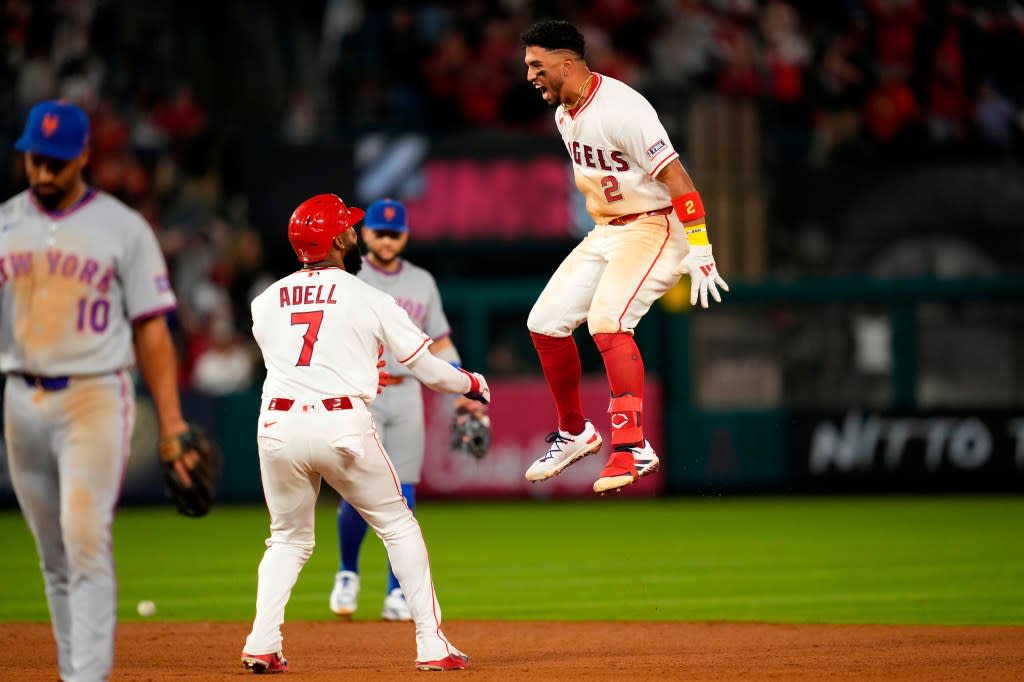 Former Yankee Oswald Peraza leaps into the air after hitting the game-winning RBI single in the 10th inning of the Mets’ loss to the Angels. AP