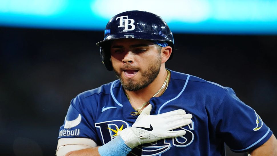 Tampa Bay Rays' Jonathan Aranda (8) celebrates his RBI sacrifice-fly against the Toronto Blue Jays during 10th inning MLB baseball action in Toronto on Tuesday, May 12, 2026. (Frank Gunn/The Canadian Press via AP)