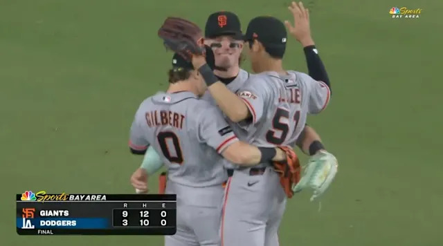 Broadcast cameras captured the three Giants outfielders wrapping their arms around one another and pumping their pelvises multiple times. NBC Sports Bay Area