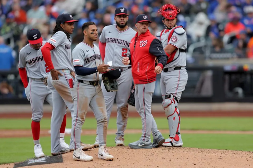 Washington Nationals manager Blake Butera (10) stands on the mound during a pitching change during the eighth inning against the New York Mets at Citi Field.
