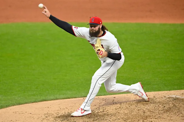 Guardians pitcher Hunter Gaddis delivers a pitch in the fifth inning against the Los Angeles Angels, May 12, 2026, in Cleveland.