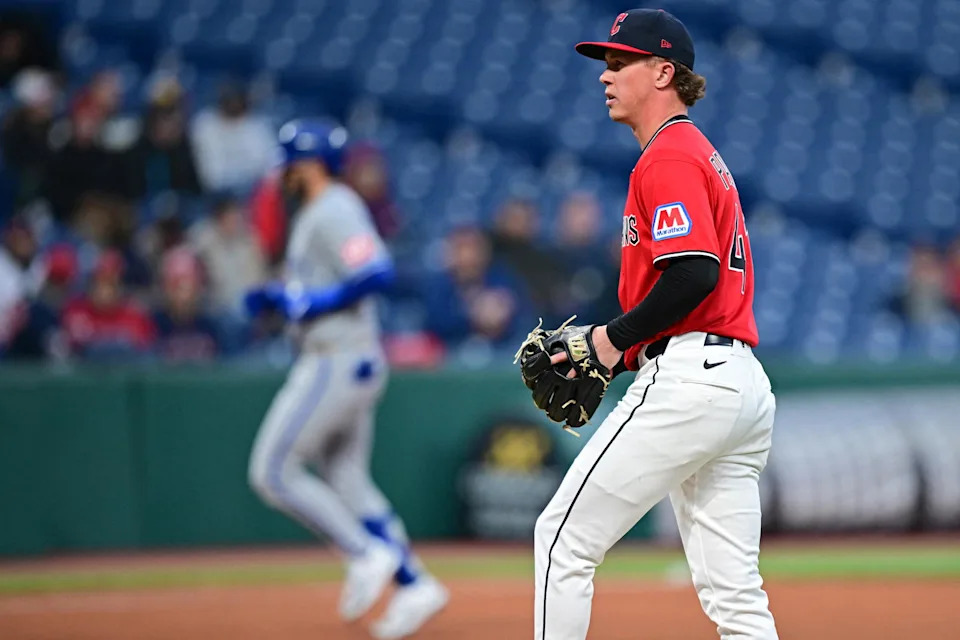 Apr 6, 2026; Cleveland, Ohio, USA; Cleveland Guardians relief pitcher Peyton Pallette (41) waits for Kansas City Royals catcher Carter Jensen (22) to run the bases after hitting a solo home run during the sixth inning at Progressive Field. Mandatory Credit: David Dermer-Imagn Images