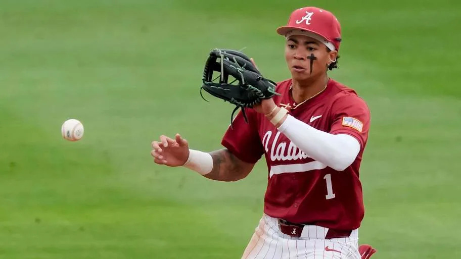 Alabama shortstop Justin Lebron makes a play for the Crimson Tide against Vanderbilt at Sewell-Thomas Stadium.