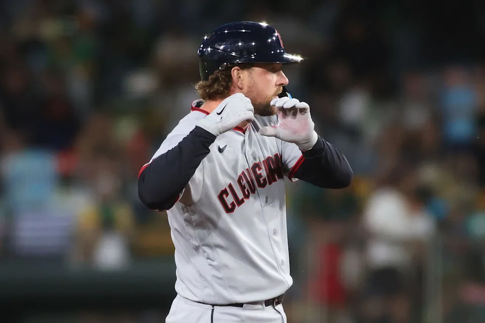 Guardians designated hitter Rhys Hoskins reacts after hitting a fifth-inning, two-run double in a return to his hometown against the Athletics, May 1, 2026, West Sacramento, California.