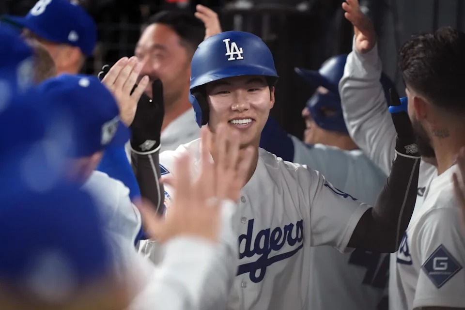 Apr 15, 2026; Los Angeles, California, USA; Los Angeles Dodgers second baseman Hyeseong Kim celebrates after hitting a two-run home run against the New York Mets in the second inning at Dodger Stadium. Mandatory Credit: Kirby Lee-Imagn Images
