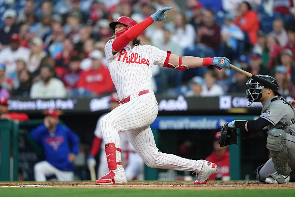 May 9, 2026; Philadelphia, Pennsylvania, USA; Philadelphia Phillies infielder Alec Bohm (28) hits a home run against the Colorado Rockies in the third inning at Citizens Bank Park. Mandatory Credit: Kyle Ross-Imagn Images