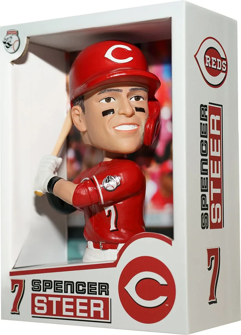 The Cincinnati Reds are giving away Spencer Steer baseball card-themed bobbleheads on Saturday.