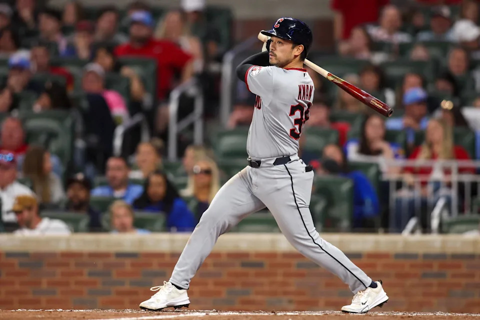 Apr 10, 2026; Atlanta, Georgia, USA; Cleveland Guardians center fielder Steven Kwan (38) hits a run-scoring single against the Atlanta Braves in the fifth inning at Truist Park. Mandatory Credit: Brett Davis-Imagn Images