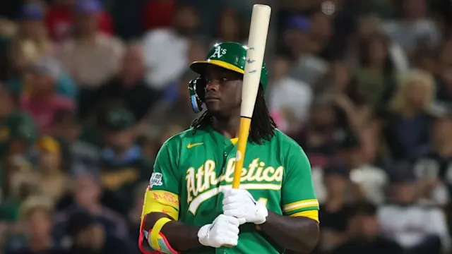 Lawrence Butler bats during the sixth inning