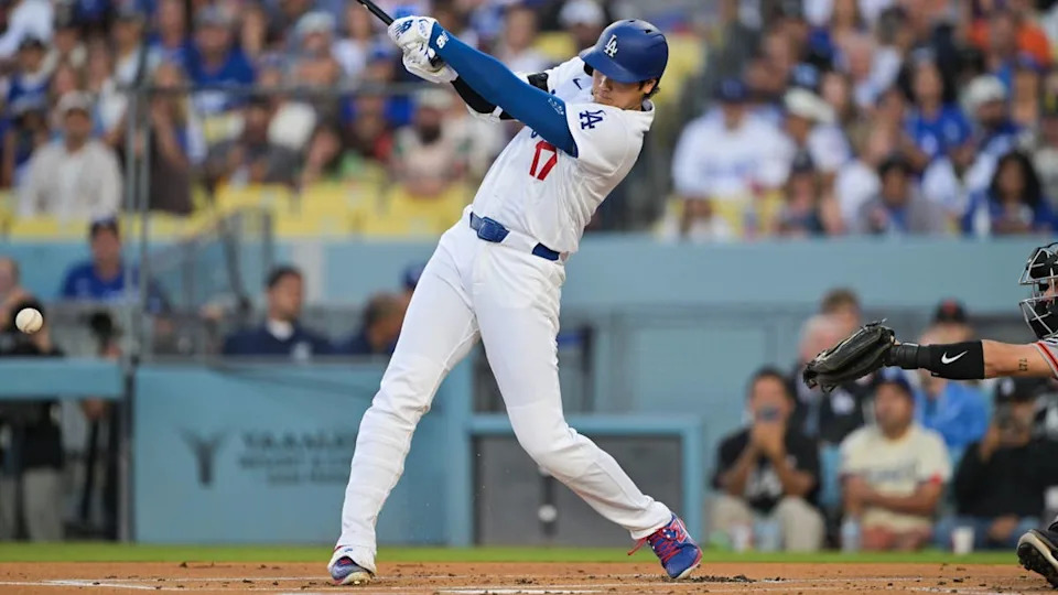 Los Angeles Dodgers two-way player Shohei Ohtani (17) grounds out in the first inning against the San Francisco Giants at Dodger Stadium. Jayne Kamin-Oncea-Imagn Images