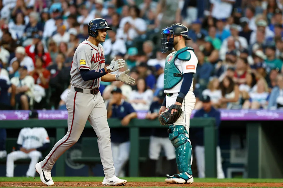 SEATTLE, WA - MAY 04: <a class="link " href="https://sports.yahoo.com/mlb/players/9605/" data-i13n="sec:content-canvas;subsec:anchor_text;elm:context_link" data-ylk="slk:Matt Olson;sec:content-canvas;subsec:anchor_text;elm:context_link;itc:0" data-yga="{"yLinkElement":"context_link","yModuleName":"content-canvas","yLinkText":"Matt Olson","ySubModuleName":"anchor_text","yHasCommerce":false}">Matt Olson</a> #28 of the <a class="link " href="https://sports.yahoo.com/mlb/teams/atlanta/" data-i13n="sec:content-canvas;subsec:anchor_text;elm:context_link" data-ylk="slk:Atlanta Braves;sec:content-canvas;subsec:anchor_text;elm:context_link;itc:0" data-yga="{"yLinkElement":"context_link","yModuleName":"content-canvas","yLinkText":"Atlanta Braves","ySubModuleName":"anchor_text","yHasCommerce":false}">Atlanta Braves</a> crosses home plate after hitting a solo home run in the sixth inning during the game between the Atlanta Braves and the <a class="link " href="https://sports.yahoo.com/mlb/teams/seattle/" data-i13n="sec:content-canvas;subsec:anchor_text;elm:context_link" data-ylk="slk:Seattle Mariners;sec:content-canvas;subsec:anchor_text;elm:context_link;itc:0" data-yga="{"yLinkElement":"context_link","yModuleName":"content-canvas","yLinkText":"Seattle Mariners","ySubModuleName":"anchor_text","yHasCommerce":false}">Seattle Mariners</a> at T-Mobile Park on Monday, May 4, 2026 in Seattle, Washington. (Photo by Connor Jalbert/MLB Photos via Getty Images) | MLB Photos via Getty Images