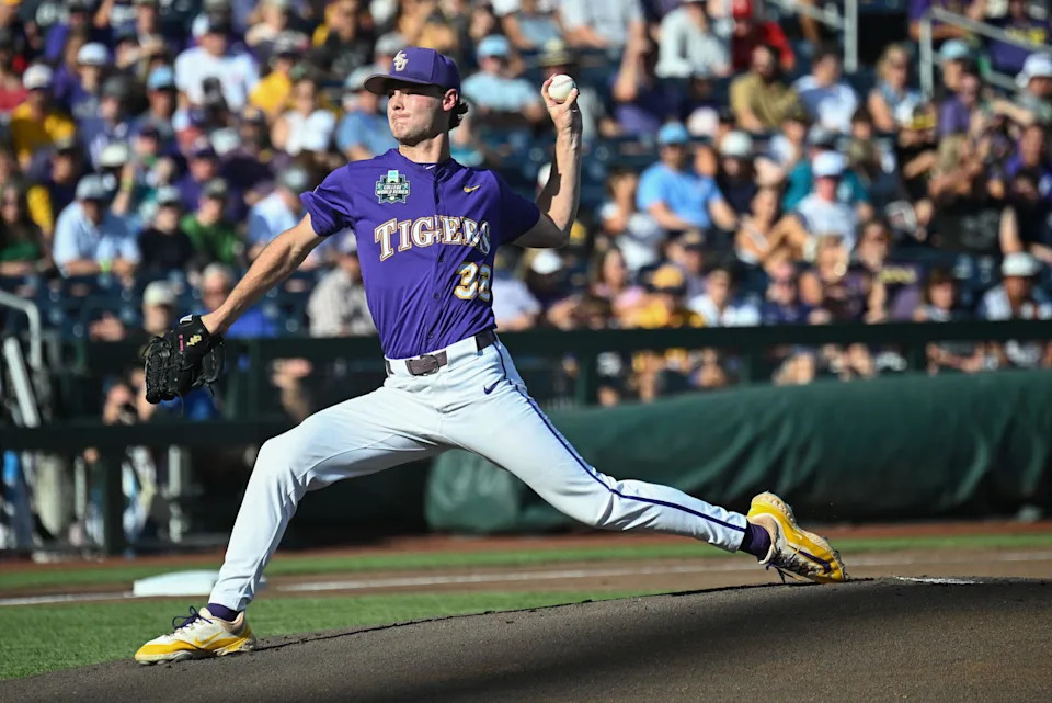 SU Tigers starting pitcher Kade Anderson (32) throws against the Coastal Carolina Chanticleers during the first inning at Charles Schwab Field. Steven Branscombe-Imagn Images