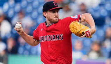 Cleveland Guardians' Tanner Bibee pitches in the first inning of a baseball game against the Tampa Bay Rays in Cleveland, Monday, Aug. 25, 2025. (AP Photo/Sue Ogrocki)
