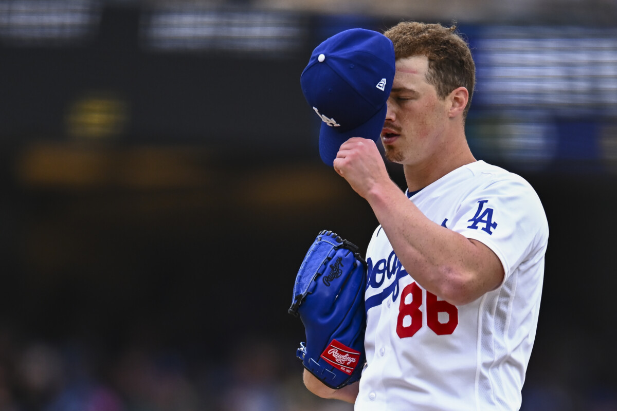 Apr 12, 2026; Los Angeles, California, USA; Los Angeles Dodgers relief pitcher Jack Dreyer (86) on the mound against the Texas Rangers during the sixth inning at Dodger Stadium. Mandatory Credit: Jonathan Hui-Imagn Images