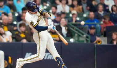 Milwaukee Brewers' Joey Ortiz hits a solo home run during the third inning of a baseball game against the San Diego Padres, Tuesday, May 12, 2026, in Milwaukee.