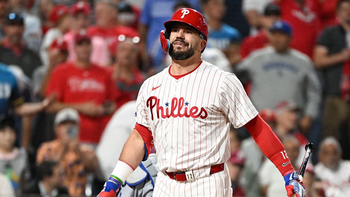 Philadelphia Phillies designated hitter Kyle Schwarber reacting after striking out at Citizens Bank Park