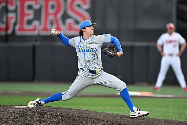 Logan Reddemann #24 of the UCLA Bruins throws a pitch during the third inning against the Rutgers Scarlet Knights at Bainton Field on April 10, 2026 in Piscataway, New Jersey. 