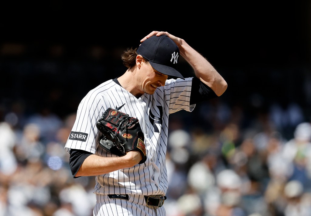 New York Yankees pitcher Max Fried reacts on the mound during the fifth inning.