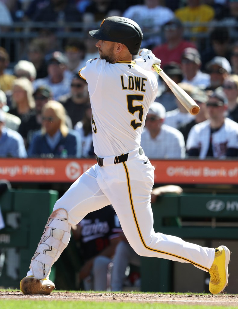 Pittsburgh Pirates second baseman Brandon Lowe (5) hits a single against the Minnesota Twins.