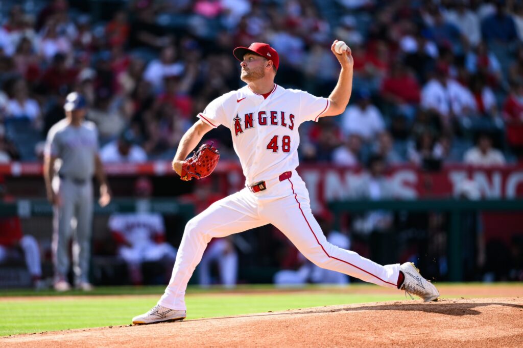 Los Angeles Angels pitcher Reid Detmers (48) delivers during the first inning against the Texas Rangers at Angel Stadium.
