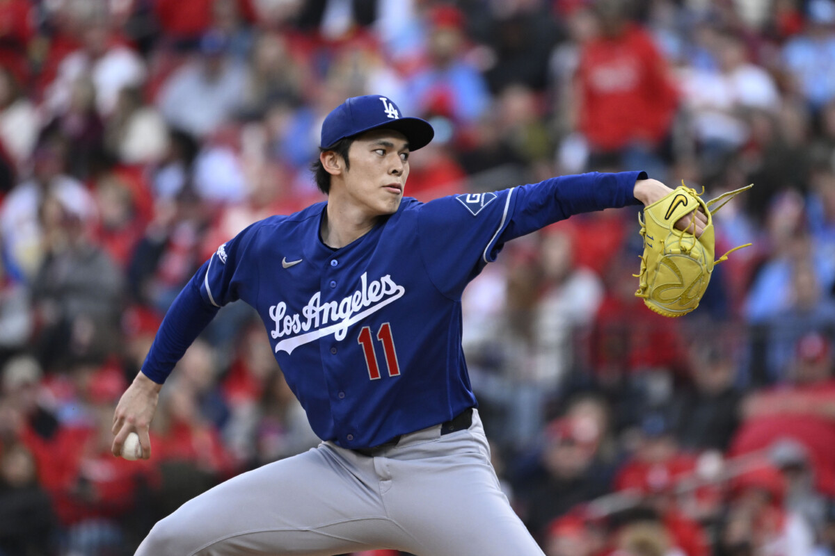 May 2, 2026; St. Louis, Missouri, USA; Los Angeles Dodgers starting pitcher Roki Sasaki (11) delivers a pitch against the St. Louis Cardinals in the third inning at Busch Stadium. Mandatory Credit: Joe Puetz-Imagn Images