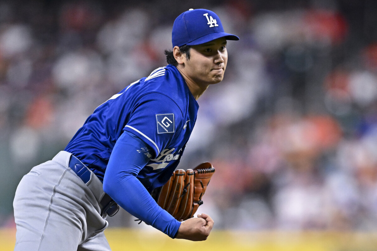 May 5, 2026; Houston, Texas, USA; Los Angeles Dodgers starting pitcher Shohei Ohtani (17) delivers a pitch in the first inning against the Houston Astros at Daikin Park. Mandatory Credit: Maria Lysaker-Imagn Images
