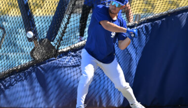 Apr 1, 2026; Los Angeles, California, USA; Los Angeles Dodgers Tommy Edman (25) takes live batting practice prior to the game Cleveland Guardians at Dodger Stadium. Mandatory Credit: Jayne Kamin-Oncea-Imagn Images