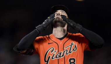 San Francisco, California, USA; San Francisco Giants designated hitter Bryce Eldridge (8) gestures as he runs the bases after hitting a solo home run against the Chicago Cubs  during the ninth inning at Oracle Park. Mandatory Credit: John Hefti-Imagn Images