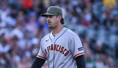 West Sacramento, California, USA; San Francisco Giants pitcher Tyler Mahle (54) walks off the mound after retiring the last batter of the first inning in the game against the Athletics at Sutter Health Park. Mandatory Credit: Ed Szczepanski-Imagn Images