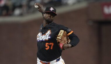 May 5, 2026; San Francisco, California, USA; San Francisco Giants pitcher Gregory Santos (57) pitches during the seventh inning against the San Diego Padres at Oracle Park. Mandatory Credit: Stan Szeto-Imagn Images