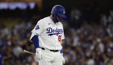 Jun 15, 2026; Los Angeles, California, USA; Los Angeles Dodgers catcher Dalton Rushing (68) reacts after striking out in the fourth inning against the Tampa Bay Rays at Dodger Stadium. Mandatory Credit: William Navarro-Imagn Images