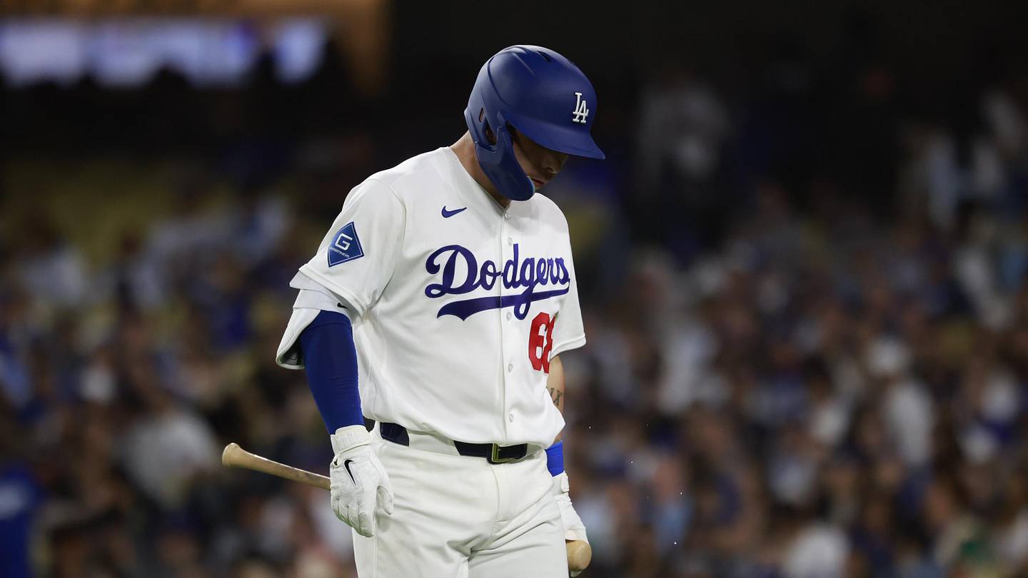 Jun 15, 2026; Los Angeles, California, USA; Los Angeles Dodgers catcher Dalton Rushing (68) reacts after striking out in the fourth inning against the Tampa Bay Rays at Dodger Stadium. Mandatory Credit: William Navarro-Imagn Images
