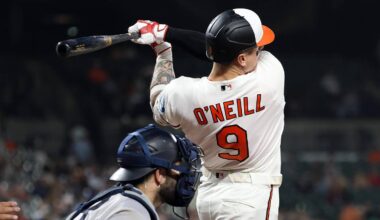 May 12, 2026; Baltimore, Maryland, USA; Baltimore Orioles right fielder Tyler O'Neill (9) hits an RBI double during the sixth inning against the New York Yankees at Oriole Park at Camden Yards. Mandatory Credit: Daniel Kucin Jr.-Imagn Images