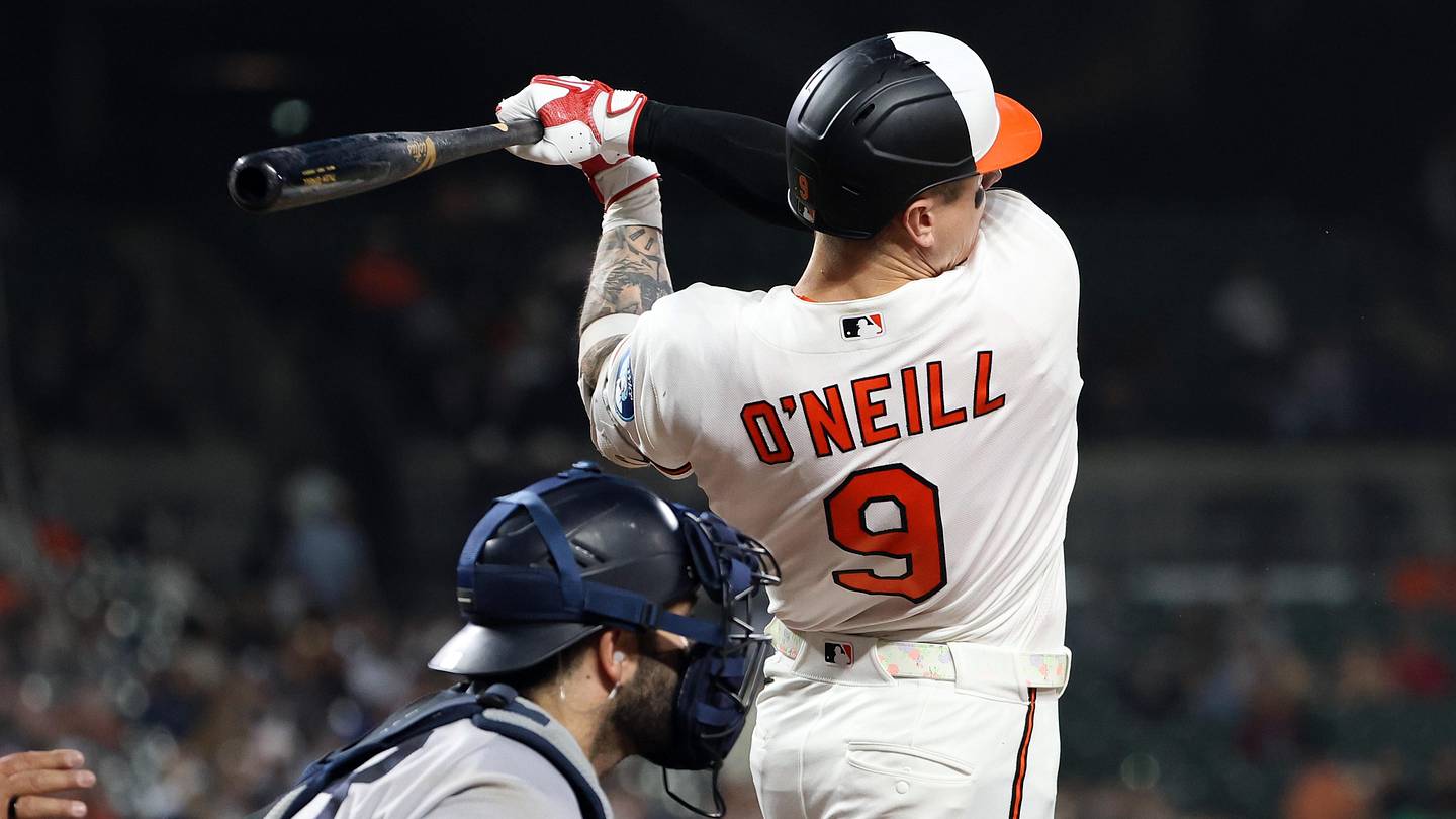 May 12, 2026; Baltimore, Maryland, USA; Baltimore Orioles right fielder Tyler O'Neill (9) hits an RBI double during the sixth inning against the New York Yankees at Oriole Park at Camden Yards. Mandatory Credit: Daniel Kucin Jr.-Imagn Images