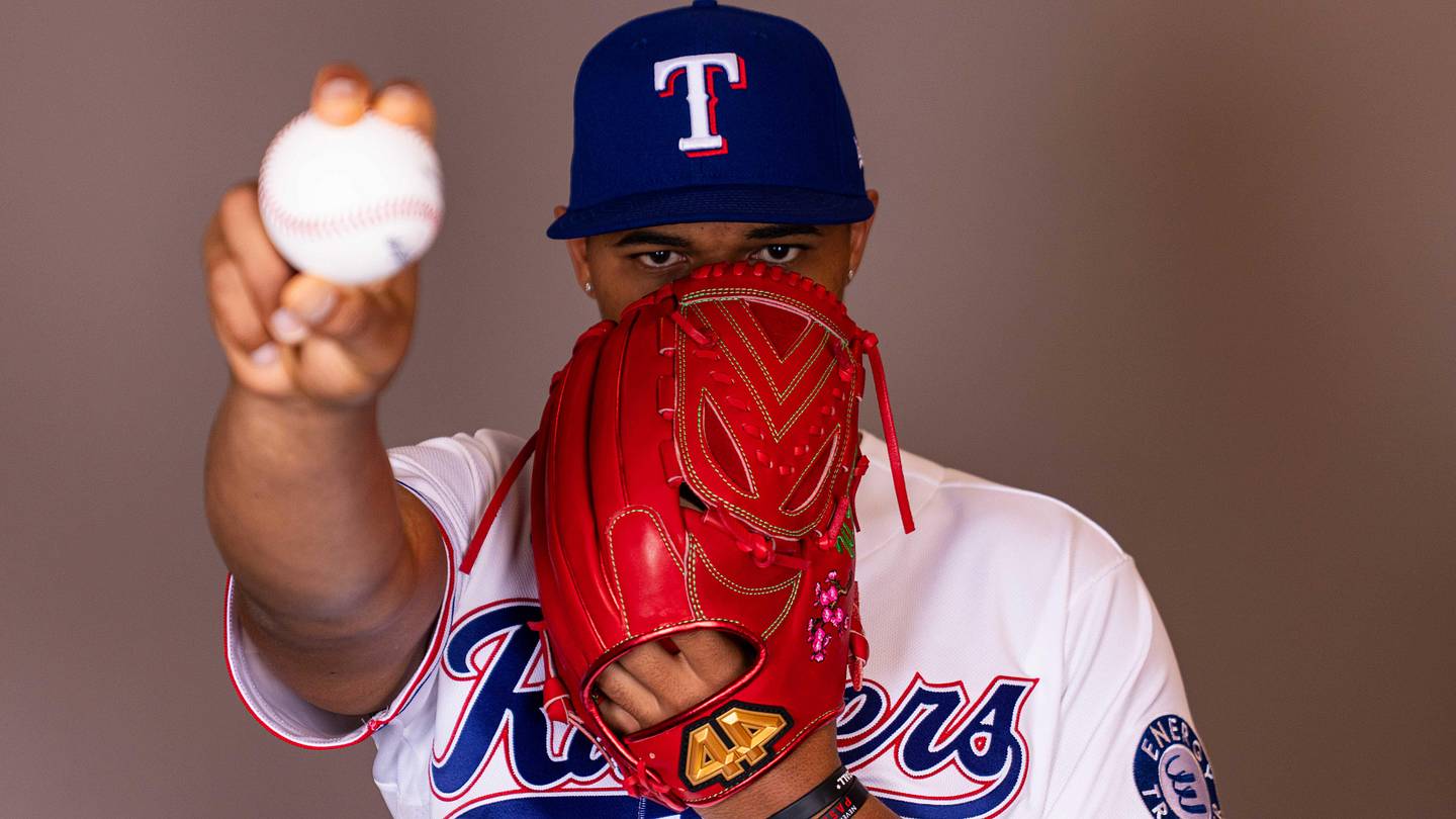 Feb 17, 2026; Surprise, AZ, USA; Texas Rangers pitcher Winston Santos during media day at Surprise Sports Complex. Mandatory Credit: Arianna Grainey-Imagn Images