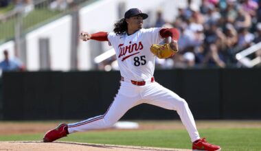Feb 27, 2026; Fort Myers, Florida, USA; Minnesota Twins pitcher Marco Raya (85) throws a pitch against the New York Yankees in the first inning during spring training at Lee Health Sports Complex/Hammond Stadium. Mandatory Credit: Nathan Ray Seebeck-Imagn Images