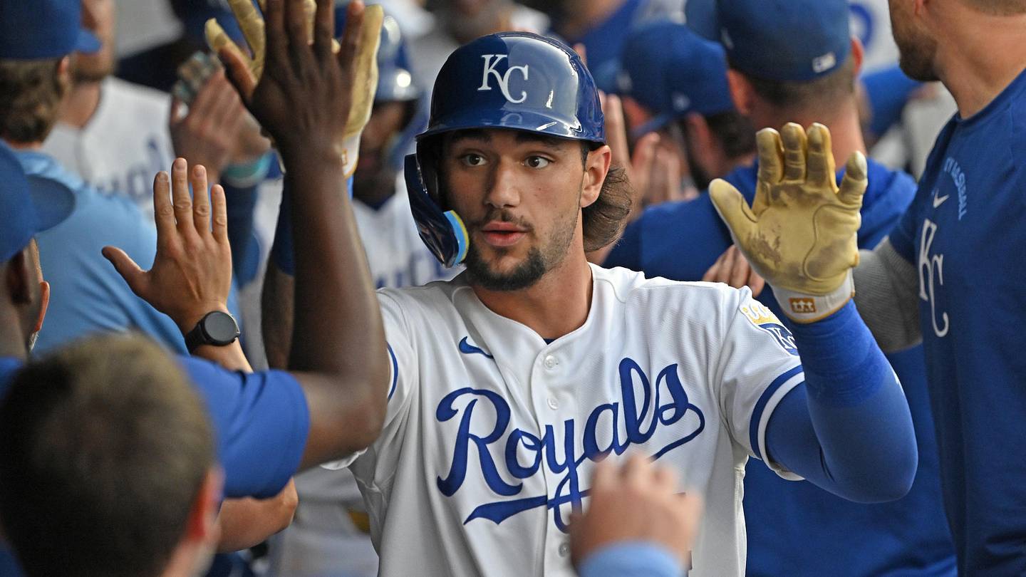 Jun 18, 2026; Kansas City, Missouri, USA;  Kansas City Royals first baseman Jac Caglianone (14) celebrates in the dugout after hitting a two-run home run in the fourth inning against the St. Louis Cardinals at Kauffman Stadium. Mandatory Credit: Peter Aiken-Imagn Images