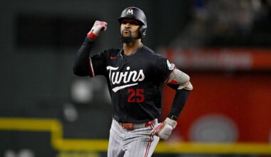 Jun 15, 2026; Arlington, Texas, USA; Minnesota Twins center fielder Byron Buxton (25) rounds the bases after hitting a home run against the Texas Rangers during the sixth inning at Globe Life Field. Mandatory Credit: Jerome Miron-Imagn Images