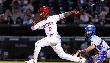 Mesa, AZ, USA; Los Angeles Angels outfielder Raudi Rodriguez during the Arizona Fall League Fall Stars Game at Sloan Park. Mandatory Credit: Mark J. Rebilas-Imagn Images
