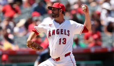Jun 14, 2026; Anaheim, California, USA;  Los Angeles Angels pitcher Drew Pomeranz (13) pitches during the fourth inning against the Tampa Bay Rays at Angel Stadium. Mandatory Credit: Kiyoshi Mio-Imagn Images